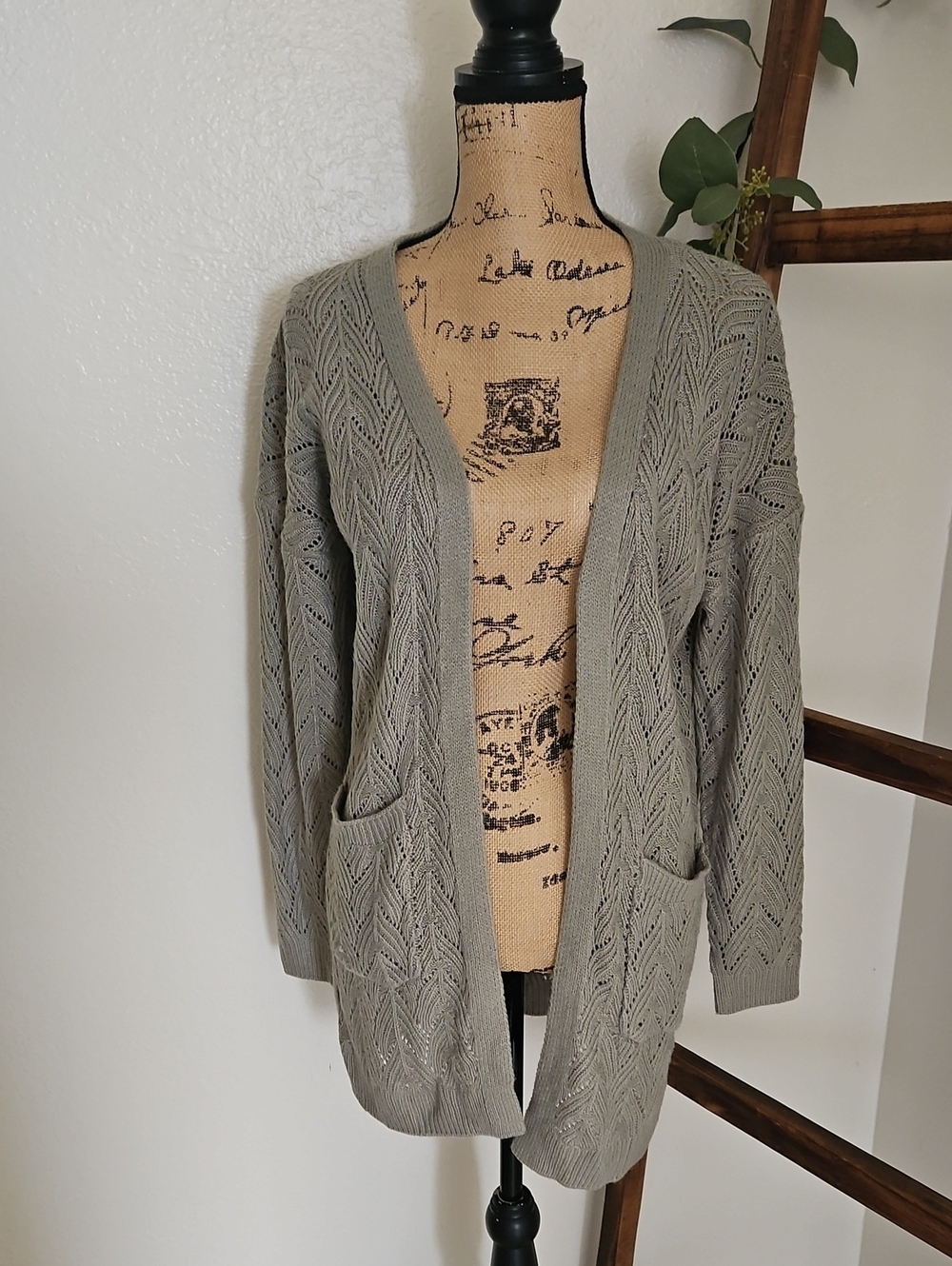 Size L Open-Front Pointelle Knit Cardigan - Sage Green